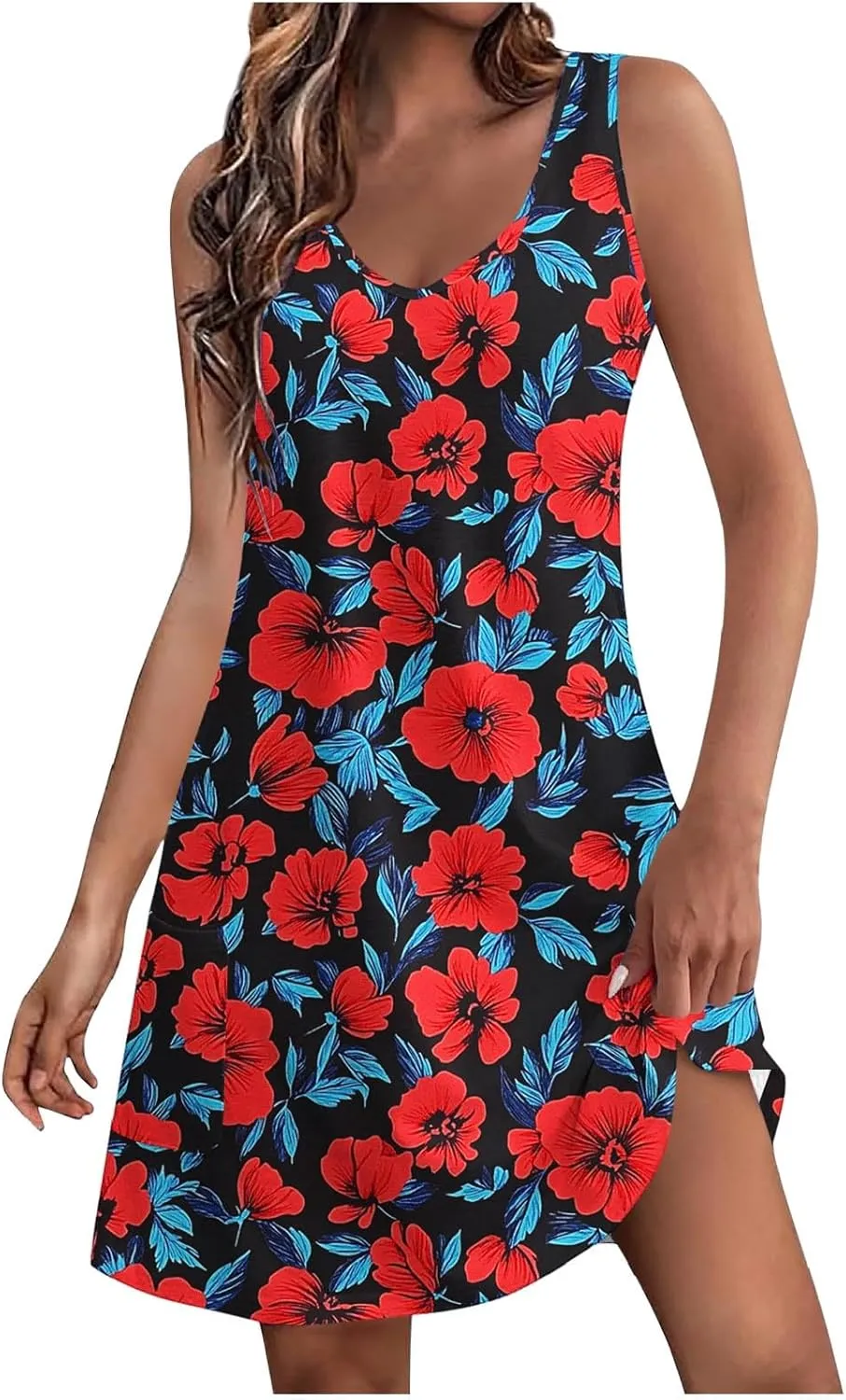 Womens Fashion Summer Sundress Floral Printed Sleeveless Pleated Casual Mini Dress V-Neck Beach Dress with Pocket