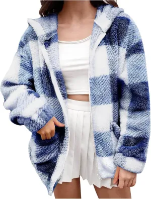 Womens Fleece Sherpa Jacket Casual Winter Jacket Oversized Button Down Jacket Trendy Flannel Plaid Jacket with Pocket