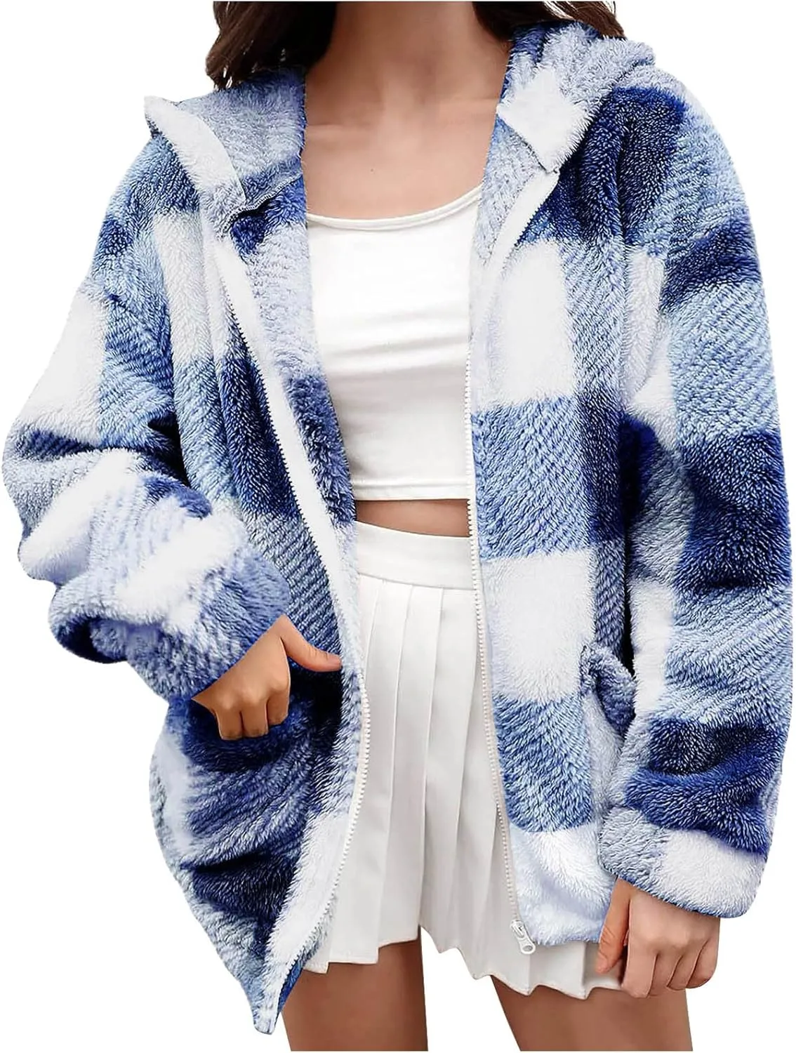Womens Fleece Sherpa Jacket Casual Winter Jacket Oversized Button Down Jacket Trendy Flannel Plaid Jacket with Pocket