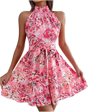Womens Floral Mini Dress Boho Summer Swing Trendy Ruffle Sleeveless Sexy Flutter Flowy Beach Vacation Sundresses