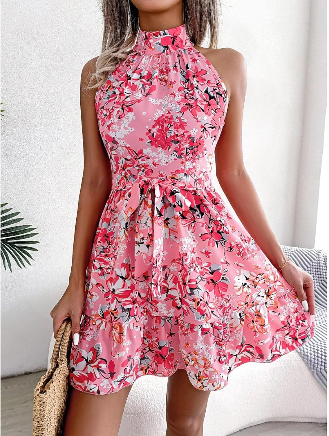 Womens Floral Mini Dress Boho Summer Swing Trendy Ruffle Sleeveless Sexy Flutter Flowy Beach Vacation Sundresses