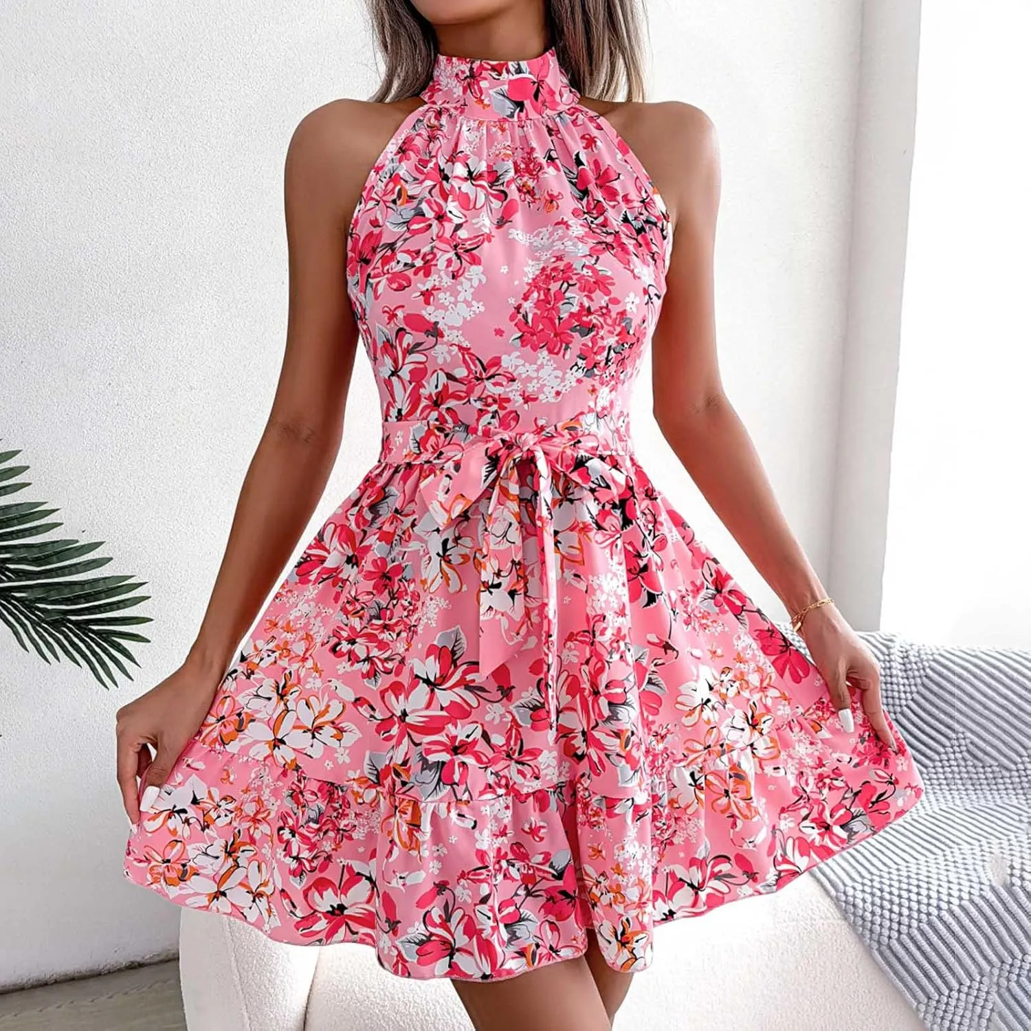 Womens Floral Mini Dress Boho Summer Swing Trendy Ruffle Sleeveless Sexy Flutter Flowy Beach Vacation Sundresses