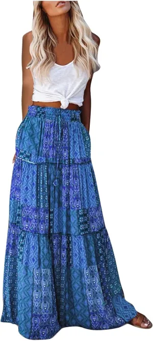Womens Floral Print Boho Maxi Skirt Elastic High Waist Pleated Ruffle Flowy Long Skirts with Pockets
