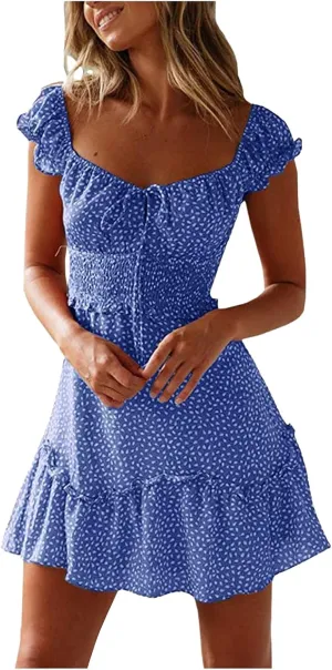 Women's Floral Smocked Tiered Ruffle Dress Pleated High Waist Sweetheart Neckline Mini Dresses Short Sundress