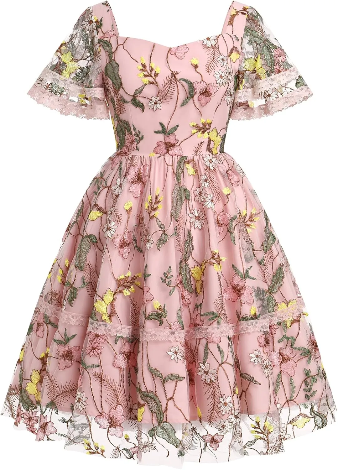 Womens Floral Tulle Prom Dresses Square Neck Flower Embroidery Dress Short Formal Party Mini Homecoming Dresses