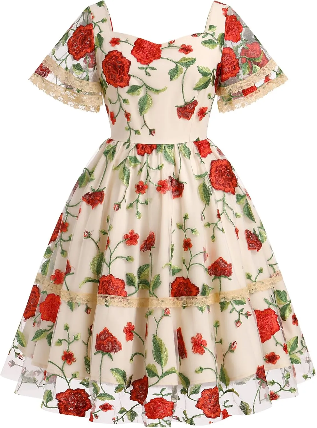 Womens Floral Tulle Prom Dresses Square Neck Flower Embroidery Dress Short Formal Party Mini Homecoming Dresses