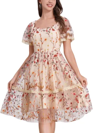 Womens Floral Tulle Prom Dresses Square Neck Flower Embroidery Dress Short Formal Party Mini Homecoming Dresses