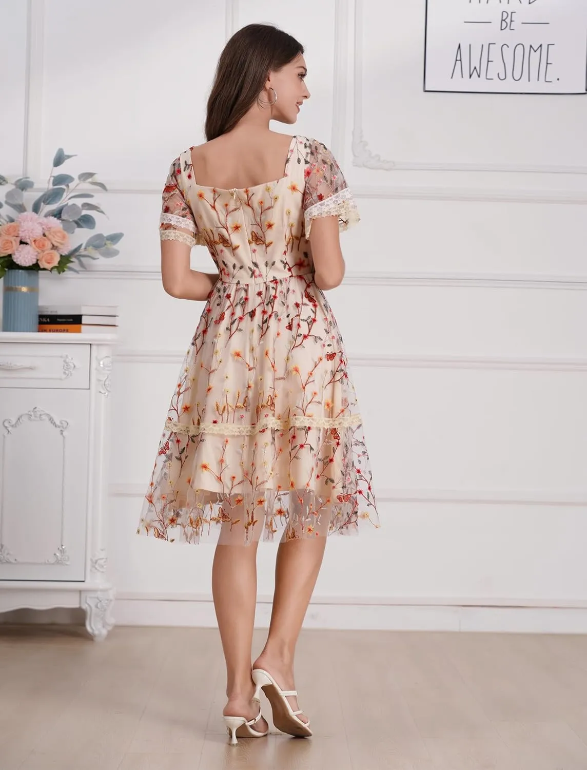Womens Floral Tulle Prom Dresses Square Neck Flower Embroidery Dress Short Formal Party Mini Homecoming Dresses