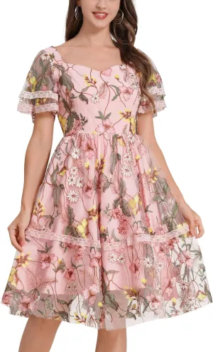 Womens Floral Tulle Prom Dresses Square Neck Flower Embroidery Dress Short Formal Party Mini Homecoming Dresses