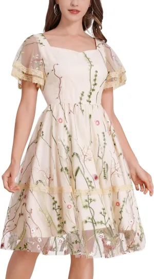 Womens Floral Tulle Prom Dresses Square Neck Flower Embroidery Dress Short Formal Party Mini Homecoming Dresses