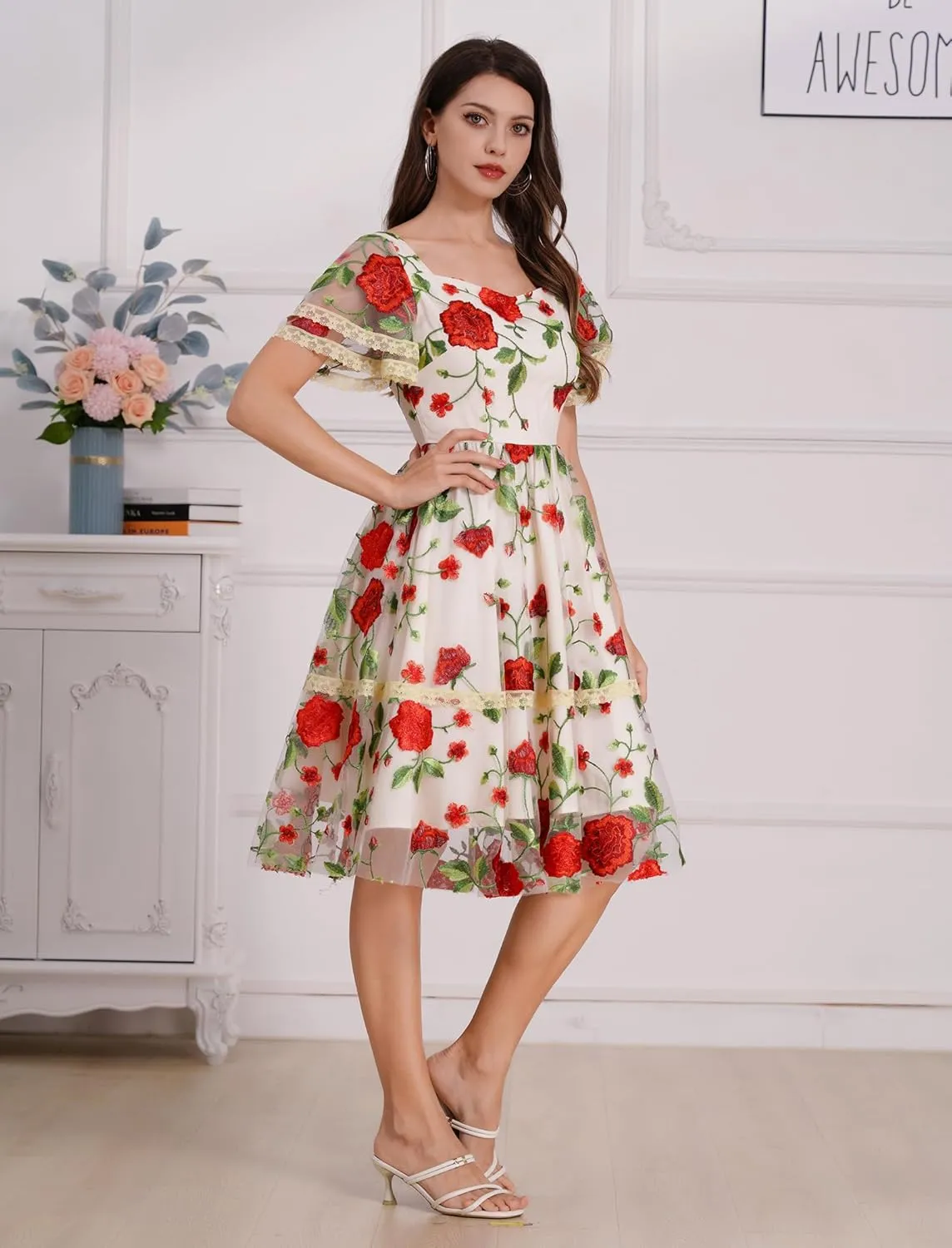 Womens Floral Tulle Prom Dresses Square Neck Flower Embroidery Dress Short Formal Party Mini Homecoming Dresses