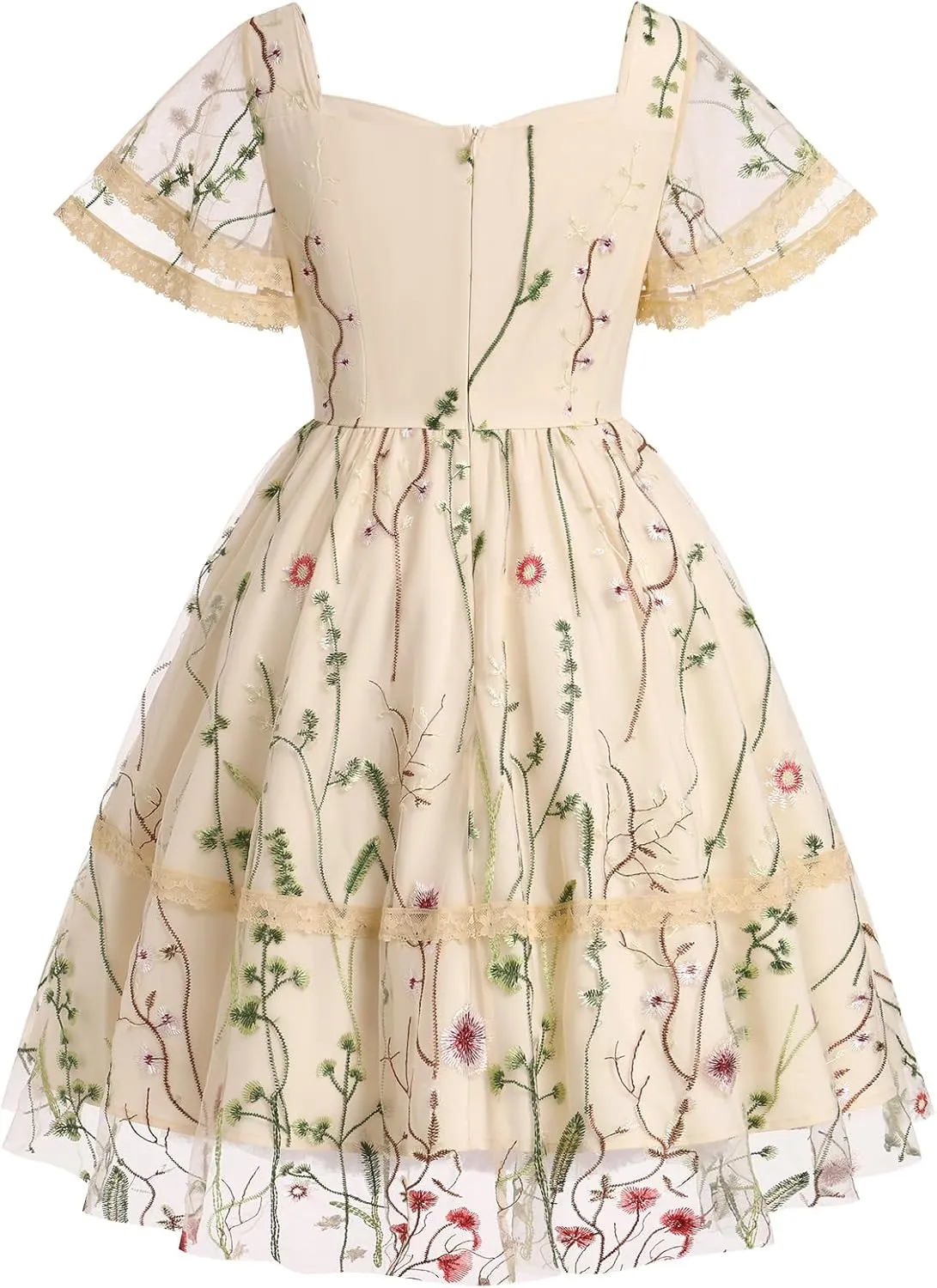 Womens Floral Tulle Prom Dresses Square Neck Flower Embroidery Dress Short Formal Party Mini Homecoming Dresses