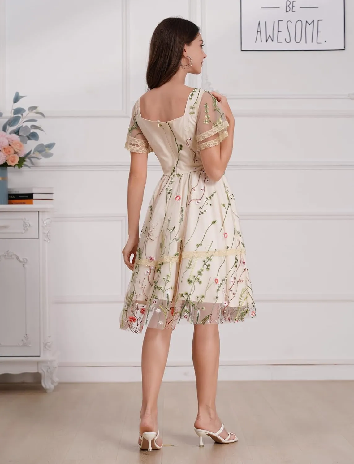 Womens Floral Tulle Prom Dresses Square Neck Flower Embroidery Dress Short Formal Party Mini Homecoming Dresses