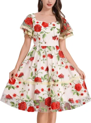 Womens Floral Tulle Prom Dresses Square Neck Flower Embroidery Dress Short Formal Party Mini Homecoming Dresses