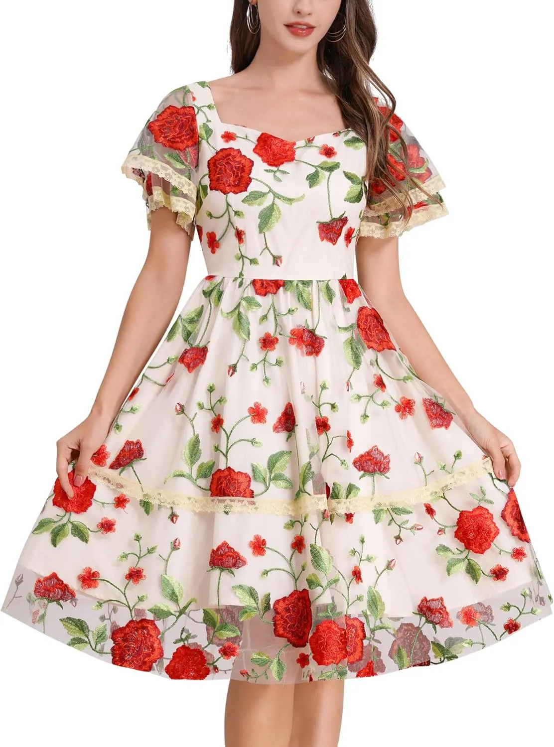 Womens Floral Tulle Prom Dresses Square Neck Flower Embroidery Dress Short Formal Party Mini Homecoming Dresses