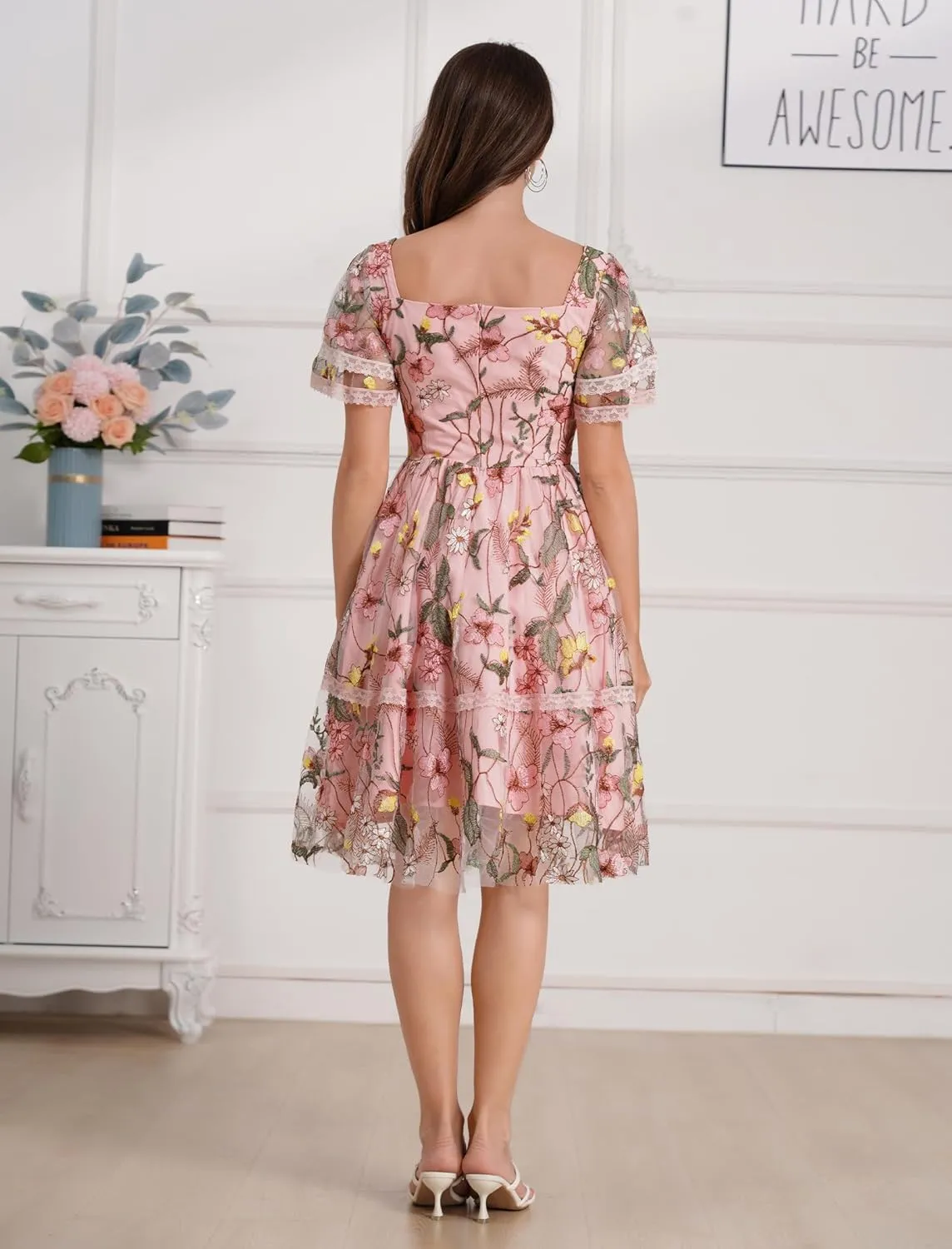 Womens Floral Tulle Prom Dresses Square Neck Flower Embroidery Dress Short Formal Party Mini Homecoming Dresses