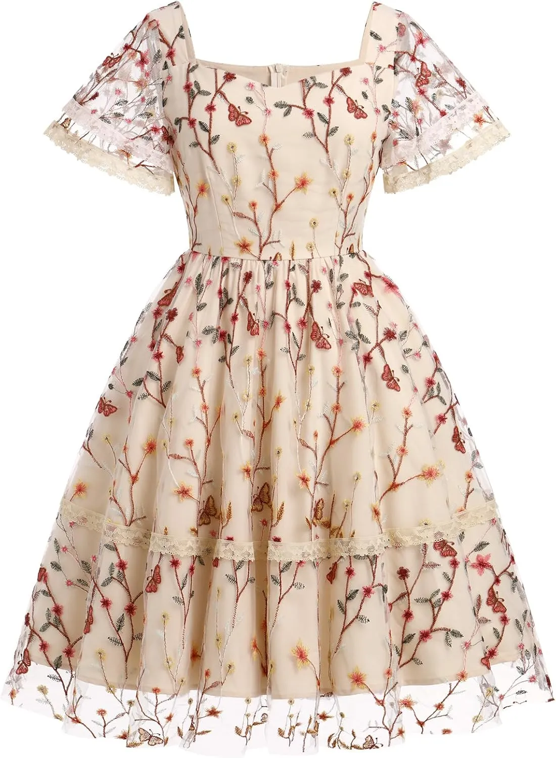 Womens Floral Tulle Prom Dresses Square Neck Flower Embroidery Dress Short Formal Party Mini Homecoming Dresses