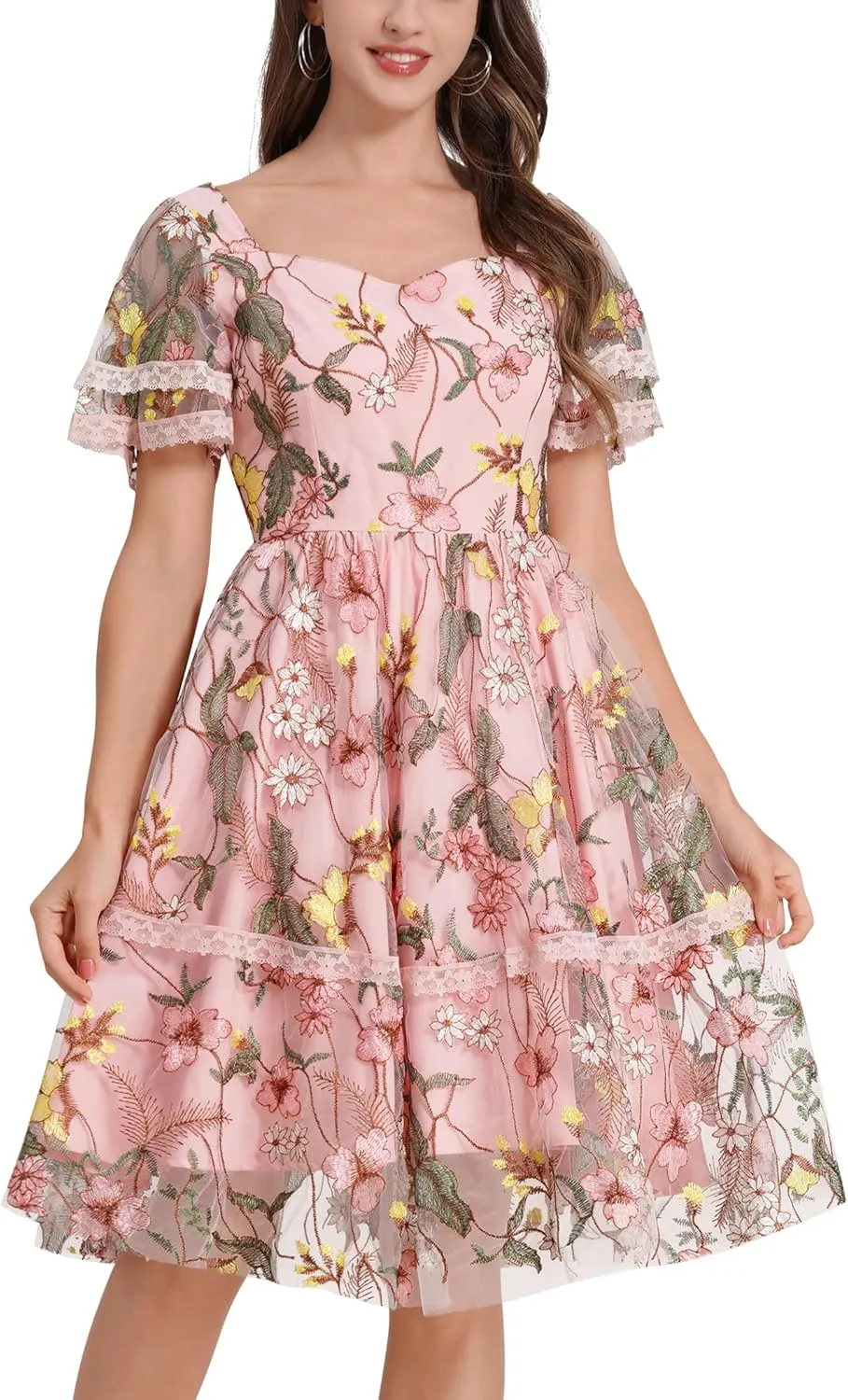 Womens Floral Tulle Prom Dresses Square Neck Flower Embroidery Dress Short Formal Party Mini Homecoming Dresses