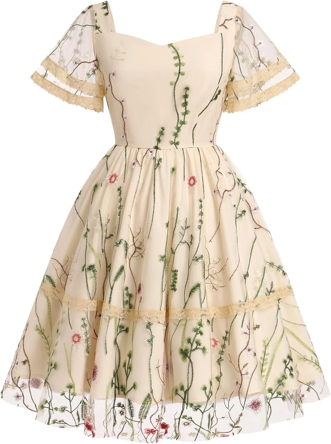Womens Floral Tulle Prom Dresses Square Neck Flower Embroidery Dress Short Formal Party Mini Homecoming Dresses