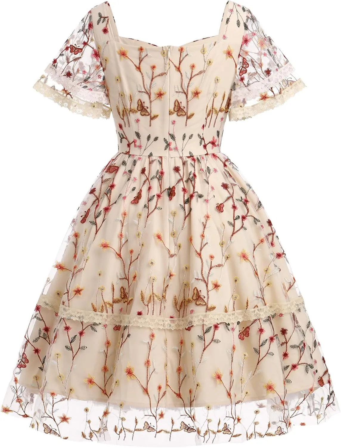 Womens Floral Tulle Prom Dresses Square Neck Flower Embroidery Dress Short Formal Party Mini Homecoming Dresses