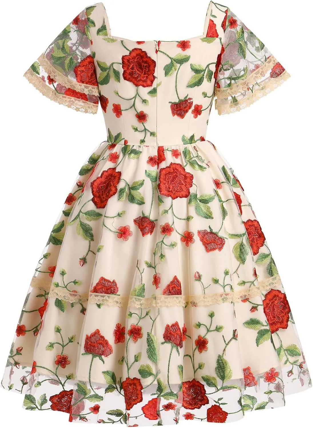 Womens Floral Tulle Prom Dresses Square Neck Flower Embroidery Dress Short Formal Party Mini Homecoming Dresses