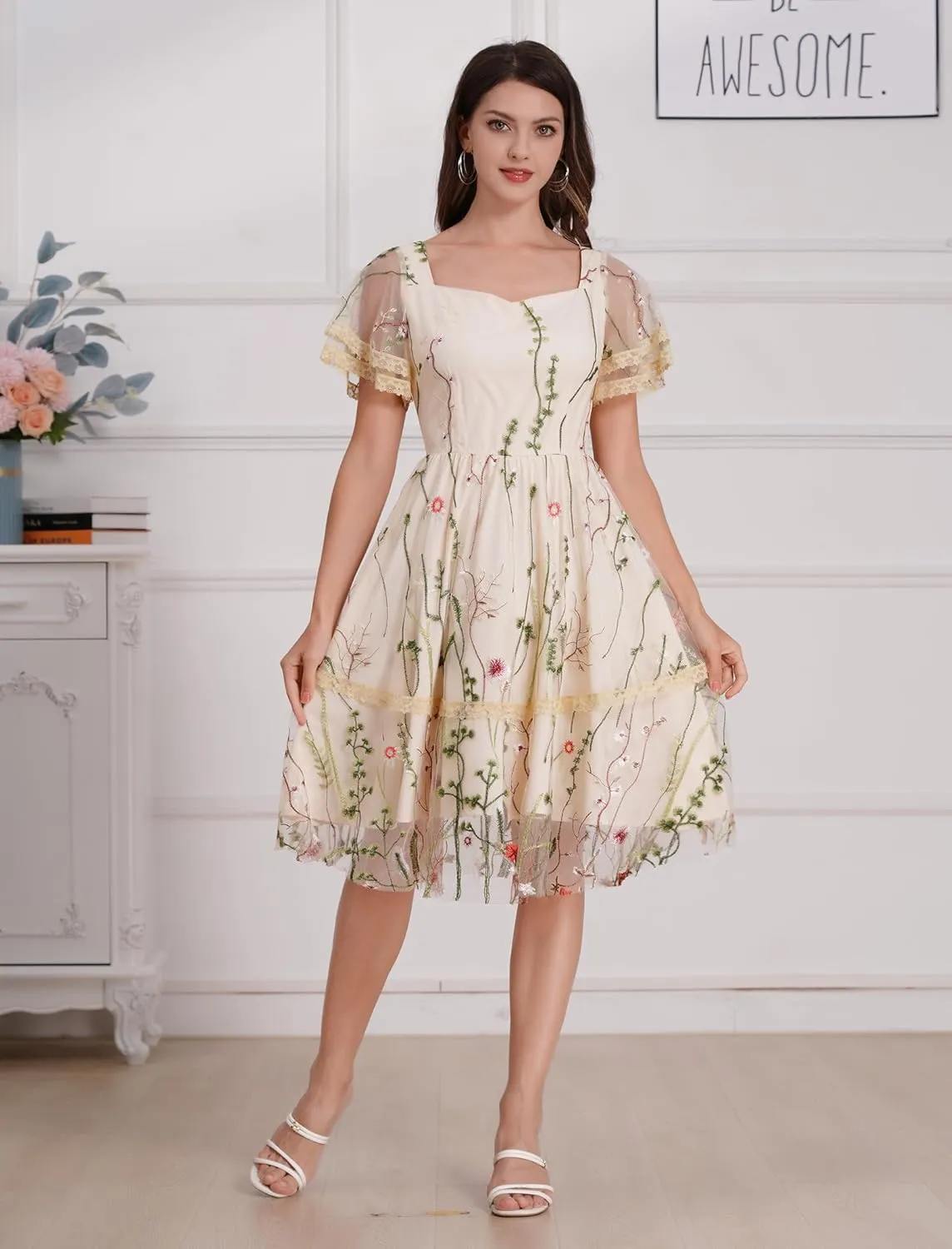 Womens Floral Tulle Prom Dresses Square Neck Flower Embroidery Dress Short Formal Party Mini Homecoming Dresses