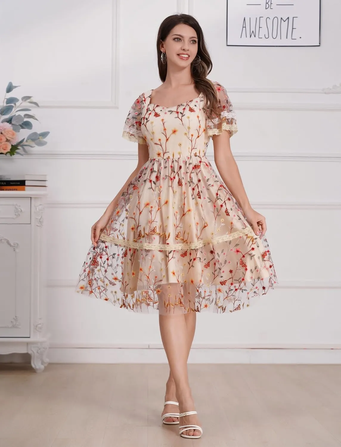 Womens Floral Tulle Prom Dresses Square Neck Flower Embroidery Dress Short Formal Party Mini Homecoming Dresses
