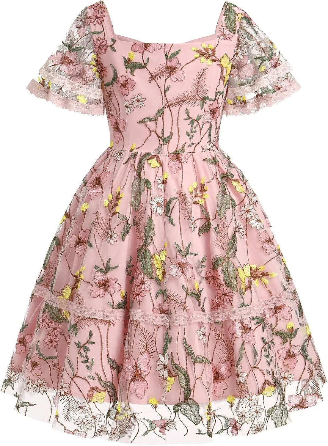 Womens Floral Tulle Prom Dresses Square Neck Flower Embroidery Dress Short Formal Party Mini Homecoming Dresses