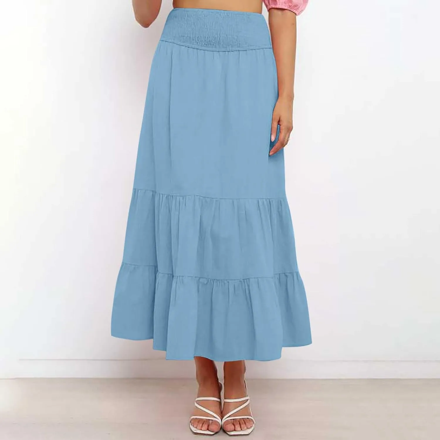 Women's Flowy Maxi Skirt Summer Trendy Boho Pleated Tiered Skirts Elastic High Waisted Casual Beach Swing Long Skirt