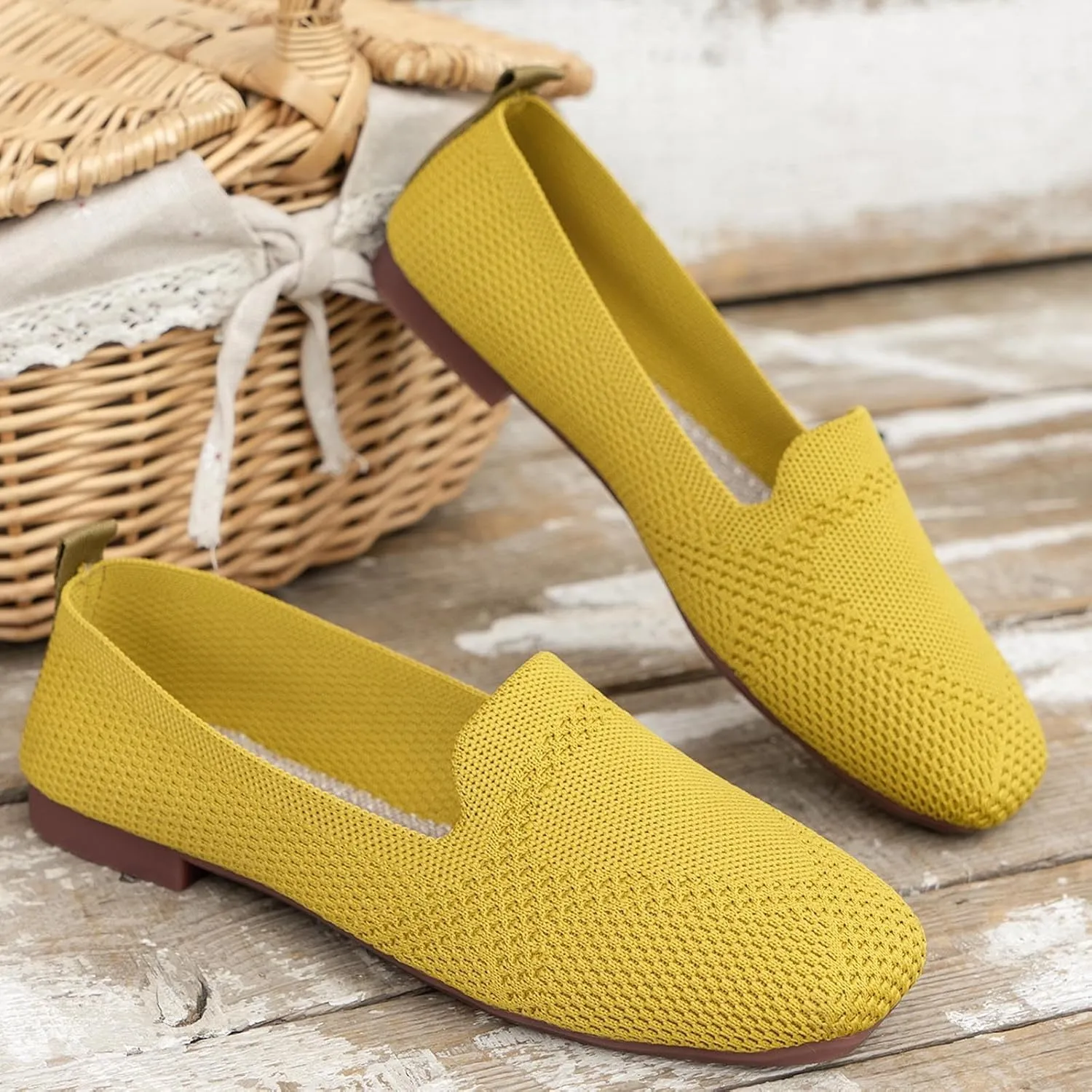 Women's Fly Weave Flat Shoes Large Size Square Toe Flat Shoes Casual Comfortable One Foot Stirrups Work Single Shoes