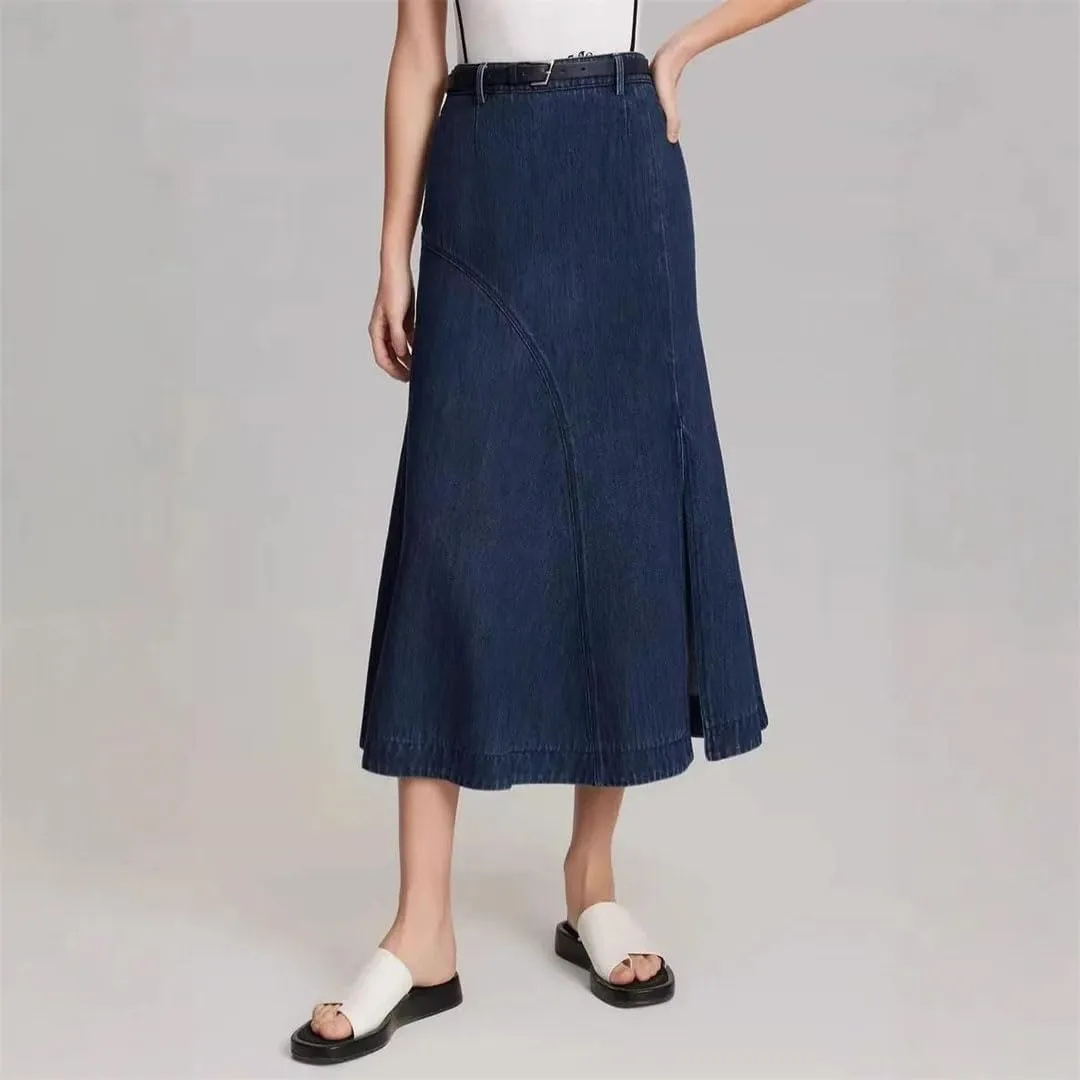 Women's French Style High-Waisted Vintage Denim Commuter Skirt Petite Half-Length Skirt