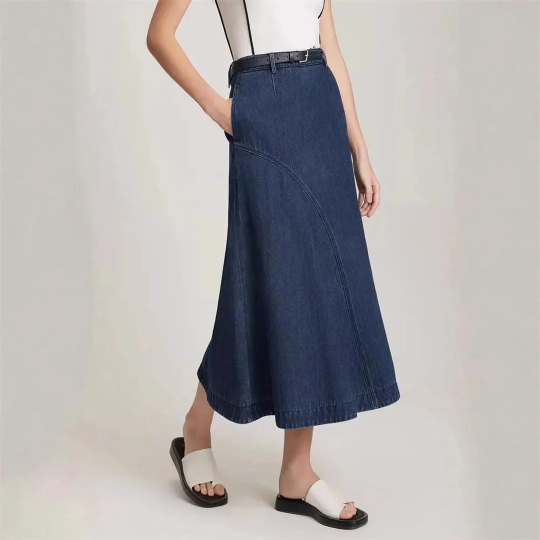 Women's French Style High-Waisted Vintage Denim Commuter Skirt Petite Half-Length Skirt