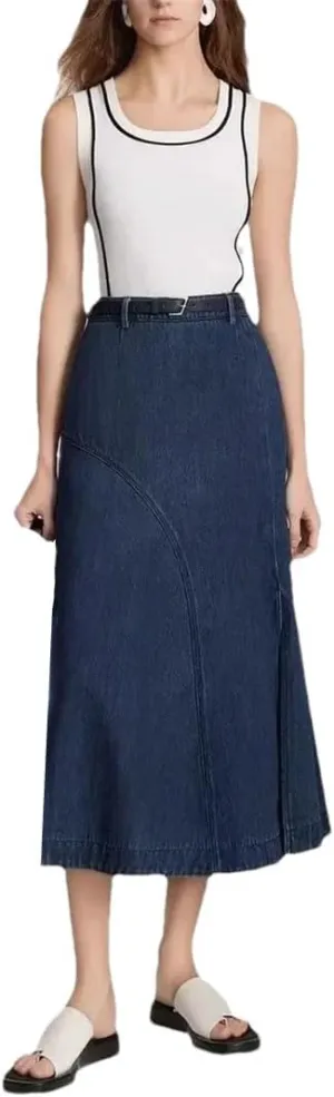 Women's French Style High-Waisted Vintage Denim Commuter Skirt Petite Half-Length Skirt