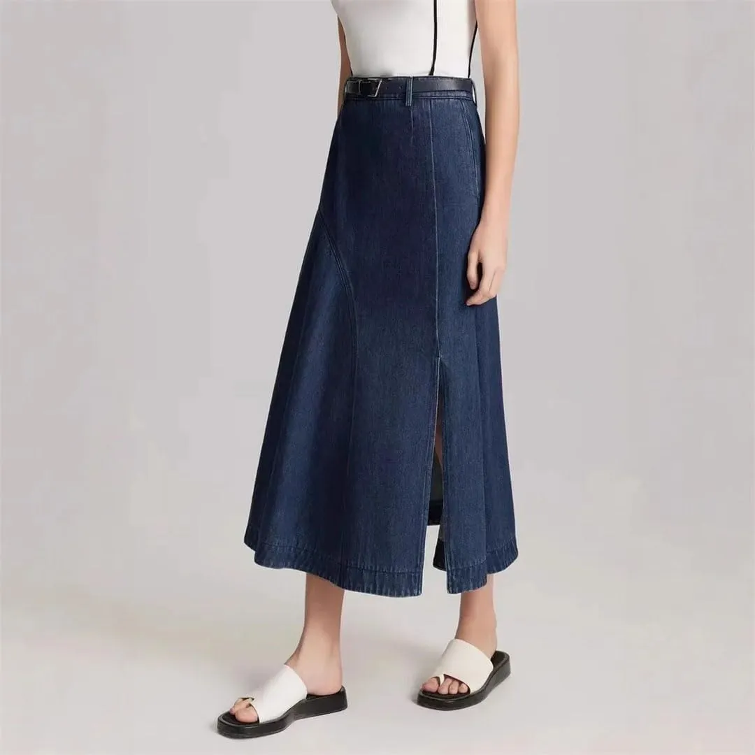 Women's French Style High-Waisted Vintage Denim Commuter Skirt Petite Half-Length Skirt