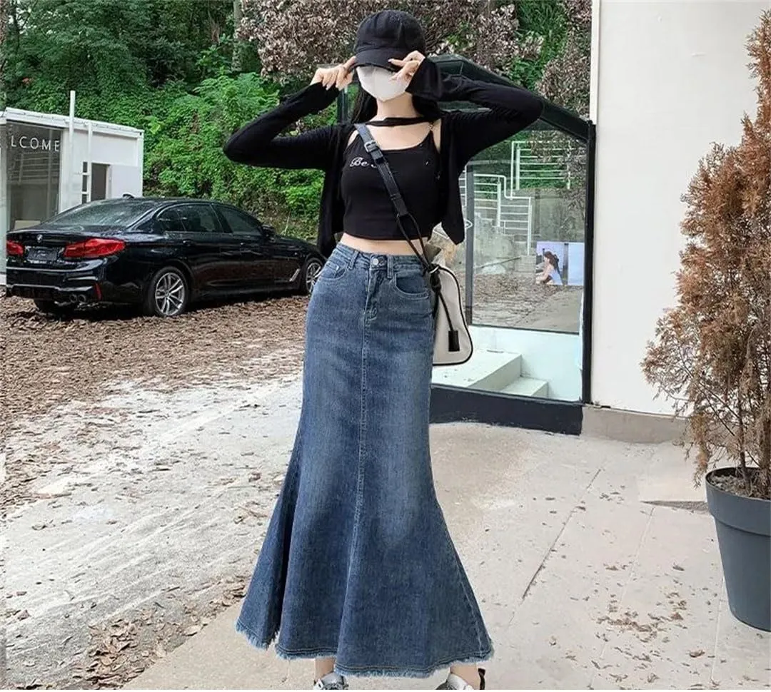 Women's High-Waisted A- Line Denim Vintage Style Medium Length Design Skirt