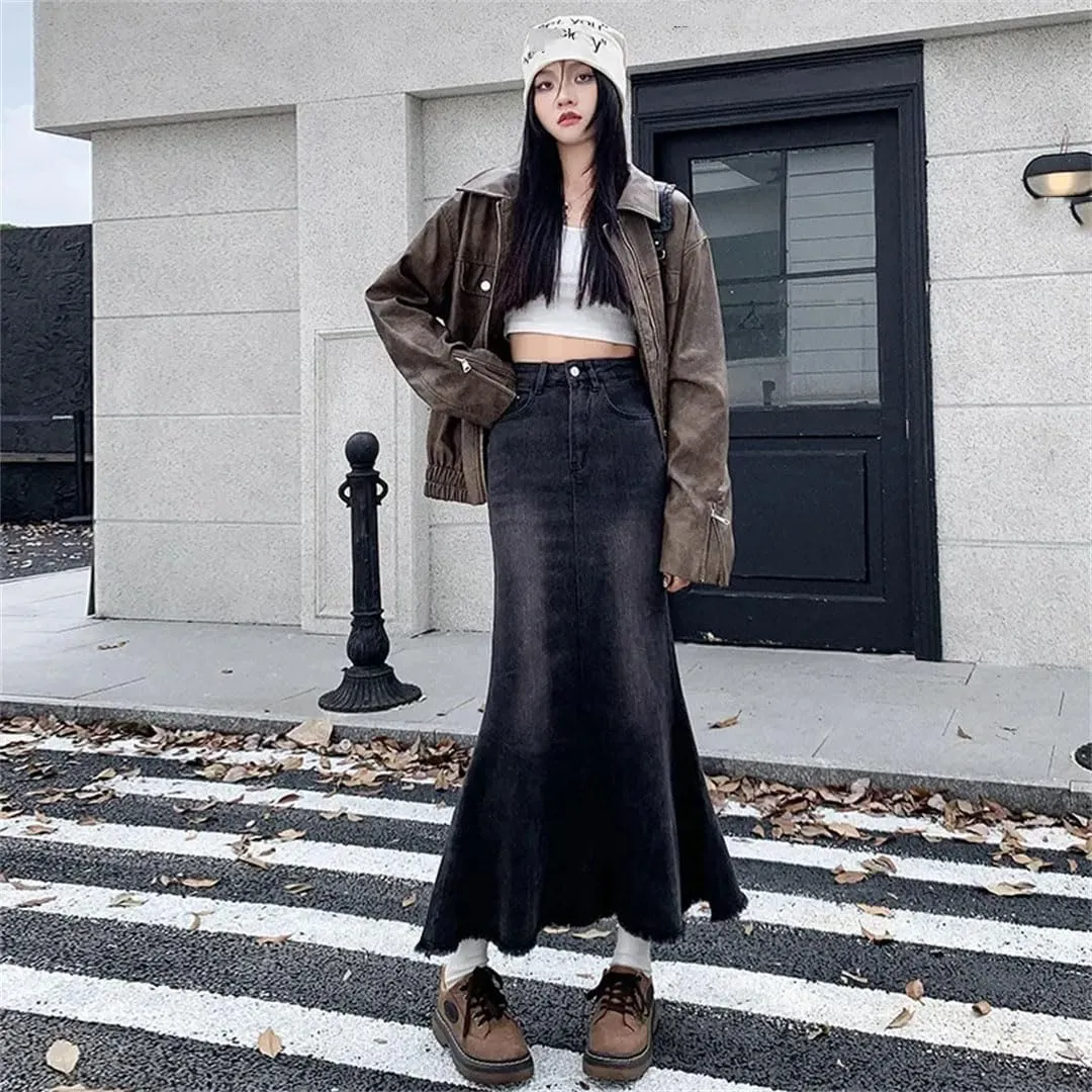 Women's High-Waisted A- Line Denim Vintage Style Medium Length Design Skirt