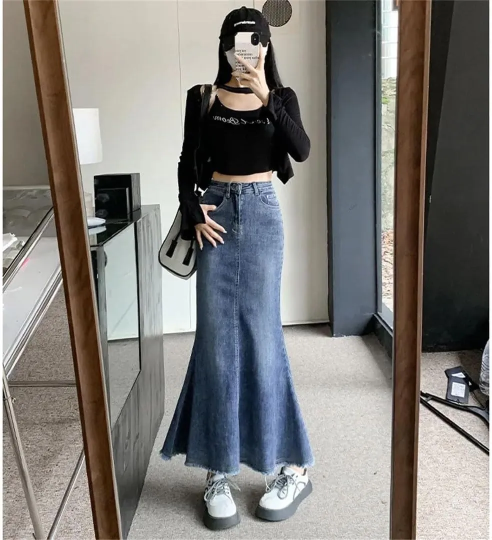 Women's High-Waisted A- Line Denim Vintage Style Medium Length Design Skirt