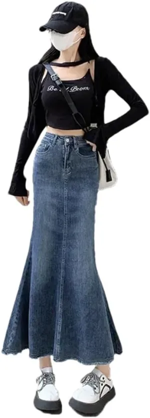 Women's High-Waisted A- Line Denim Vintage Style Medium Length Design Skirt