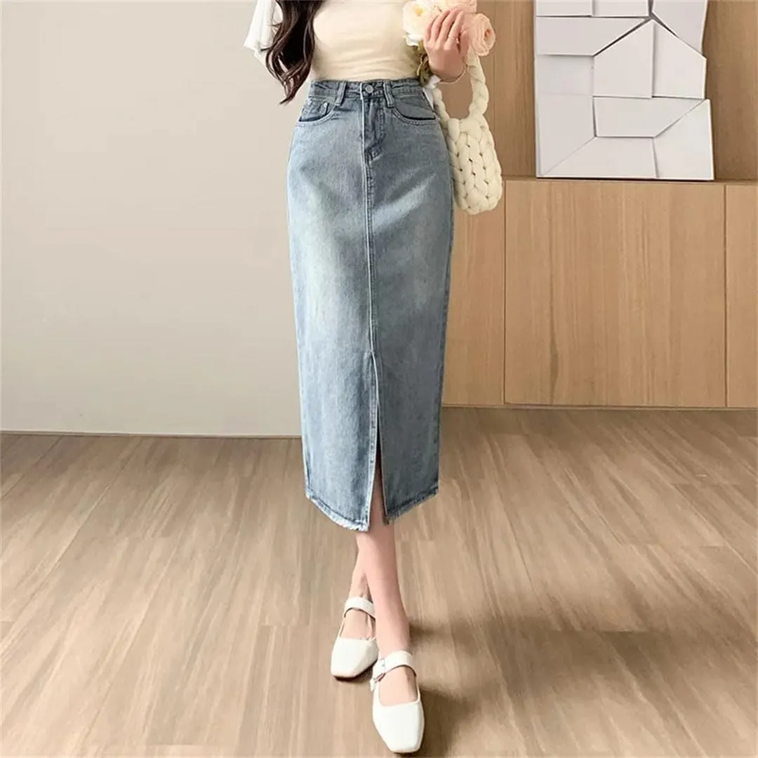 Women's High-Waisted Slimming Denim Petite A- Line Mid-Length Dress Sensibility Side Slit Skirt