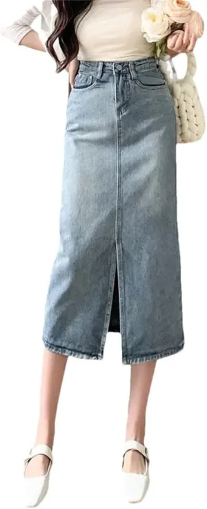 Women's High-Waisted Slimming Denim Petite A- Line Mid-Length Dress Sensibility Side Slit Skirt