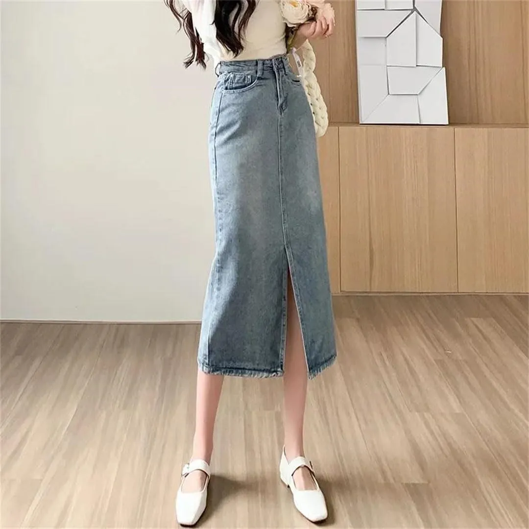 Women's High-Waisted Slimming Denim Petite A- Line Mid-Length Dress Sensibility Side Slit Skirt
