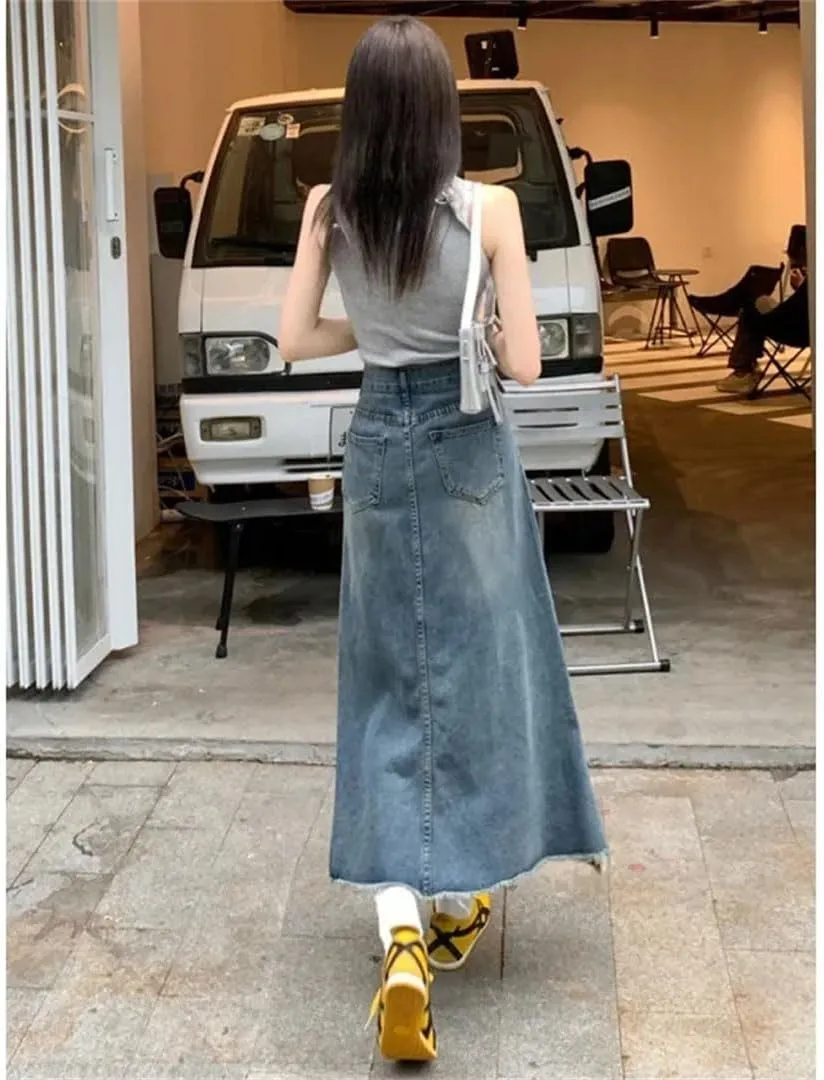 Women's High Waisted Slimming Denim Skirt Medium Length Vintage Fringe A Line Skirt