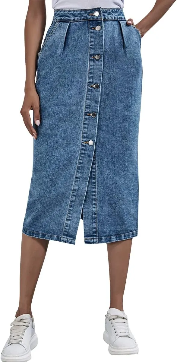 Women's High Waisted Slit Button up Midi Jean Skirt High Split Casual Denim Long Skirts