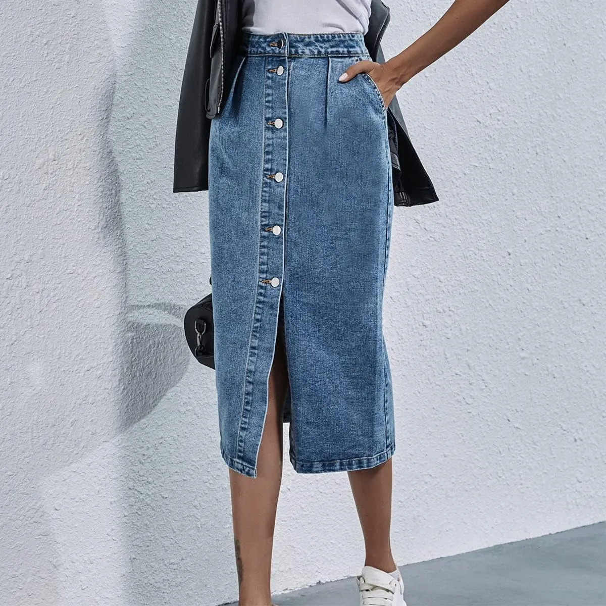Women's High Waisted Slit Button up Midi Jean Skirt High Split Casual Denim Long Skirts