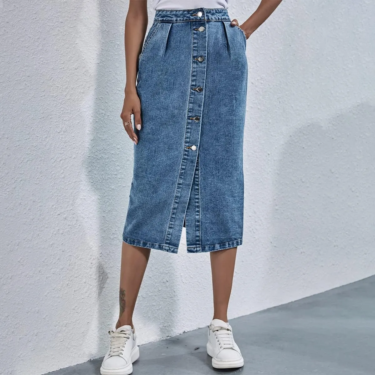Women's High Waisted Slit Button up Midi Jean Skirt High Split Casual Denim Long Skirts