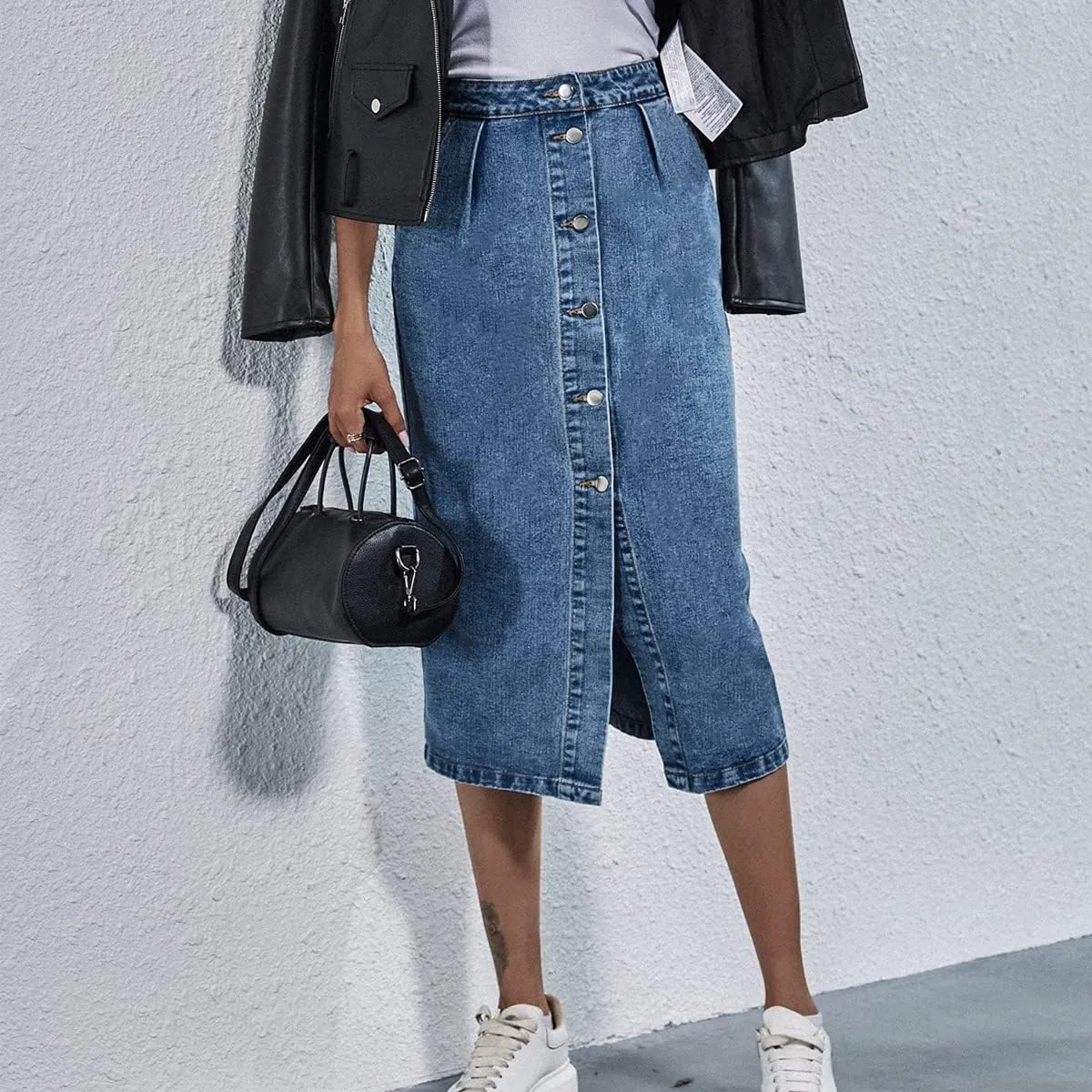 Women's High Waisted Slit Button up Midi Jean Skirt High Split Casual Denim Long Skirts