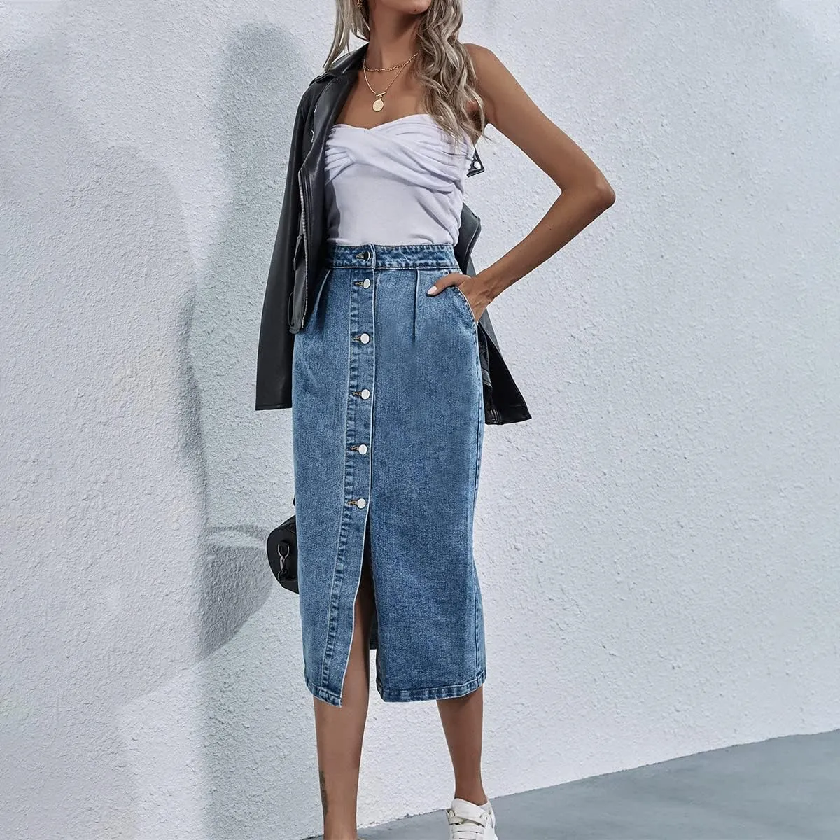 Women's High Waisted Slit Button up Midi Jean Skirt High Split Casual Denim Long Skirts