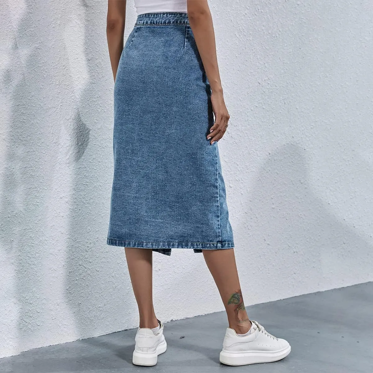 Women's High Waisted Slit Button up Midi Jean Skirt High Split Casual Denim Long Skirts