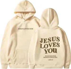 Womens Hoodies Pullover Jesus Loves You Letter Print Pullover Hoodie With Pocket Drop Shoulder Oversize Fall Winter Trendy