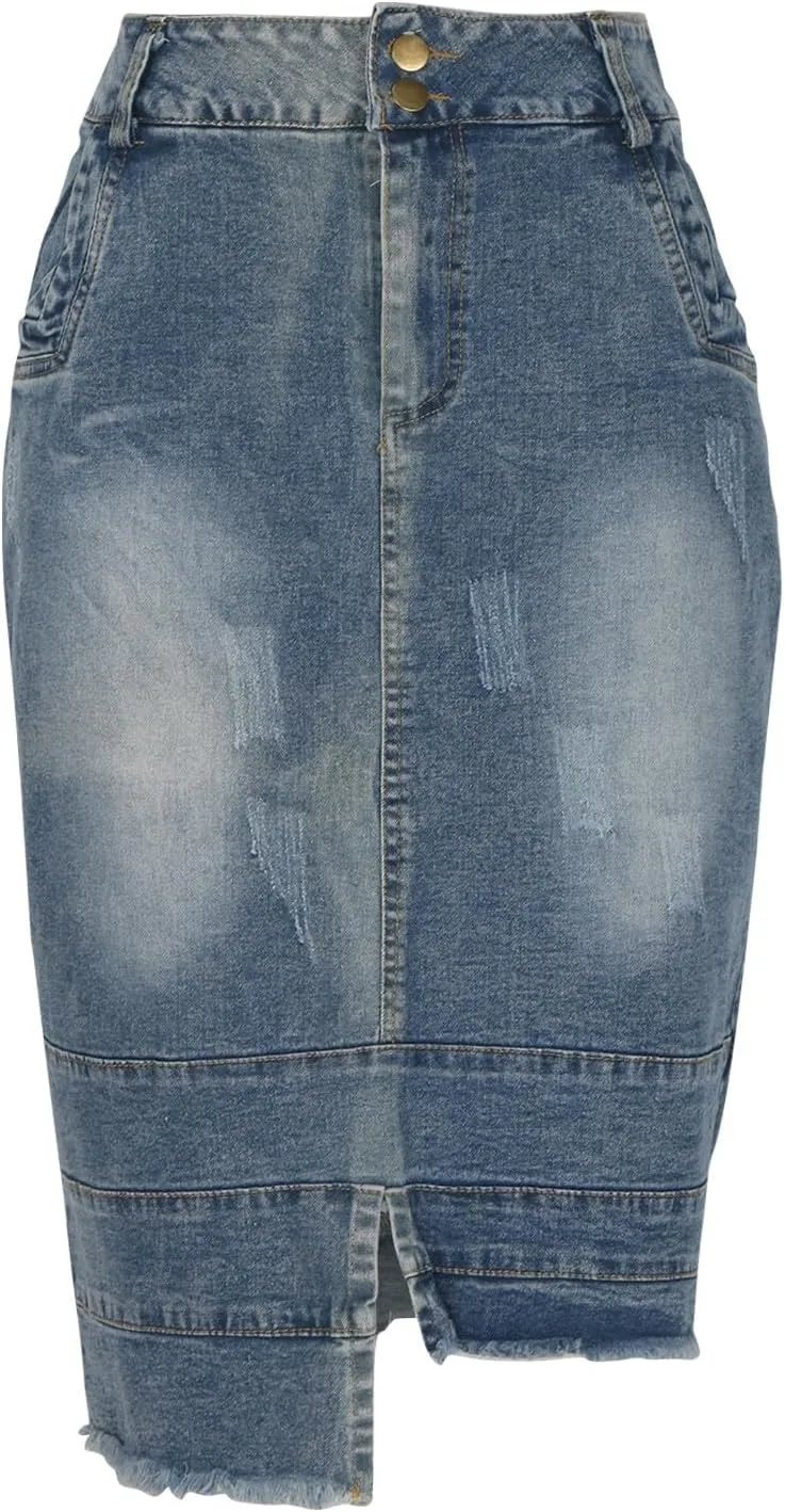 Women's Irregular Denim Skirts High Rise Button Trending Skirt 2025 Fashion Splicing Below Knee Skirts Spring
